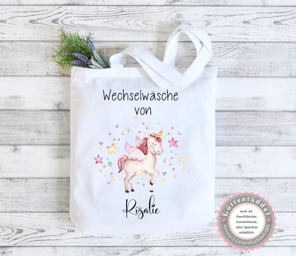 Einhorn Stoffbeutel Kindergartentasche Turnbeutel Rucksack, mit Name KITA Kindergarten Einschulung Wechselwäsche von Lüttentüddel®